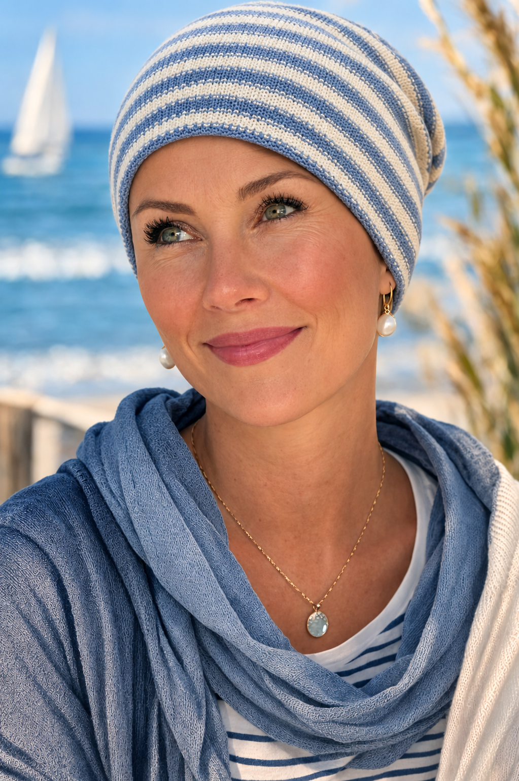 Frau trägt eine maritime Chemo Baumwoll Mütze im maritimen Stil am Strand – leichte atmungsaktive Damen Sommerbeanie aus Bio Baumwolle.