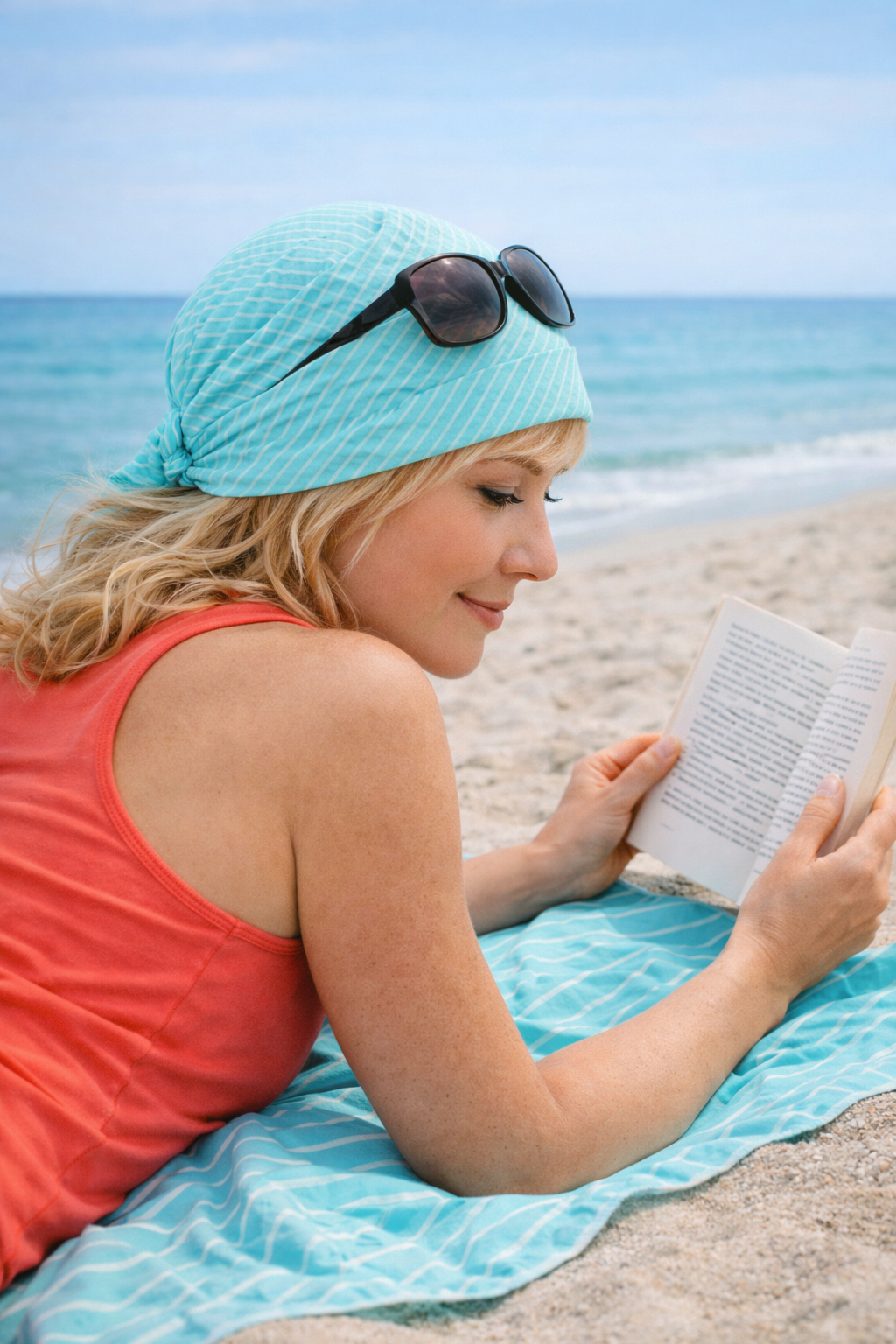 Bandanatuch für Damen ohne Binden, Frau liegt entspannt am Strand und liest ein Buch mit Sonnenbrille