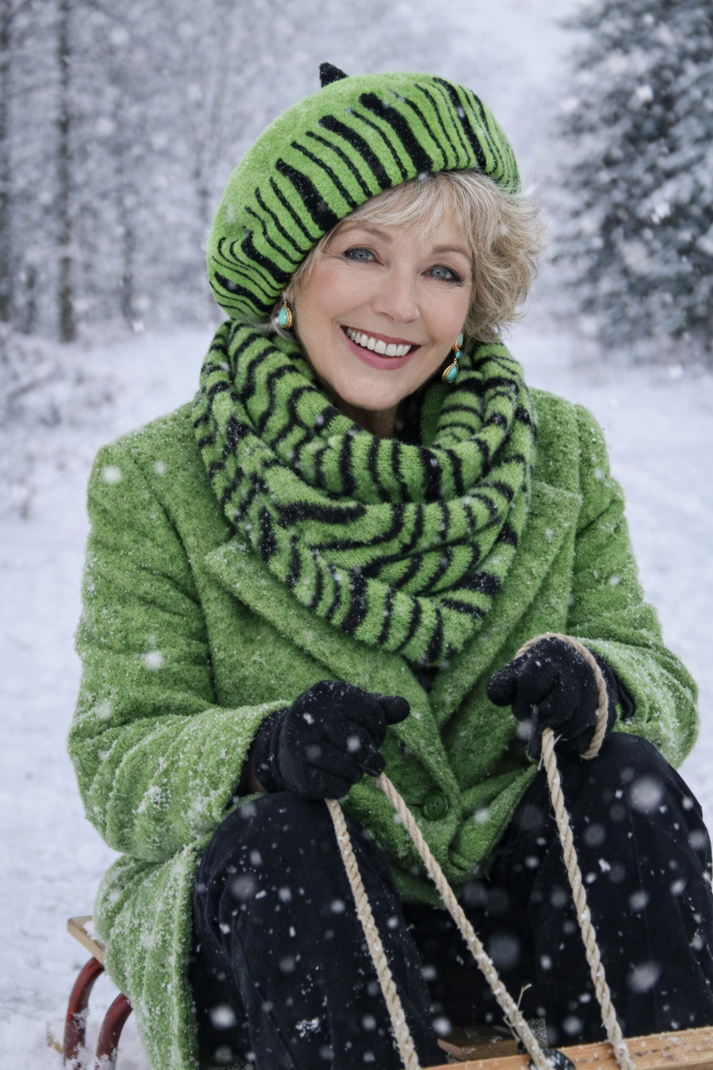 Ältere Frau sitzt lachend auf einem Schlitten und trägt eine pastellgrüne Damen Barettmütze mit passendem Schal im Winter
