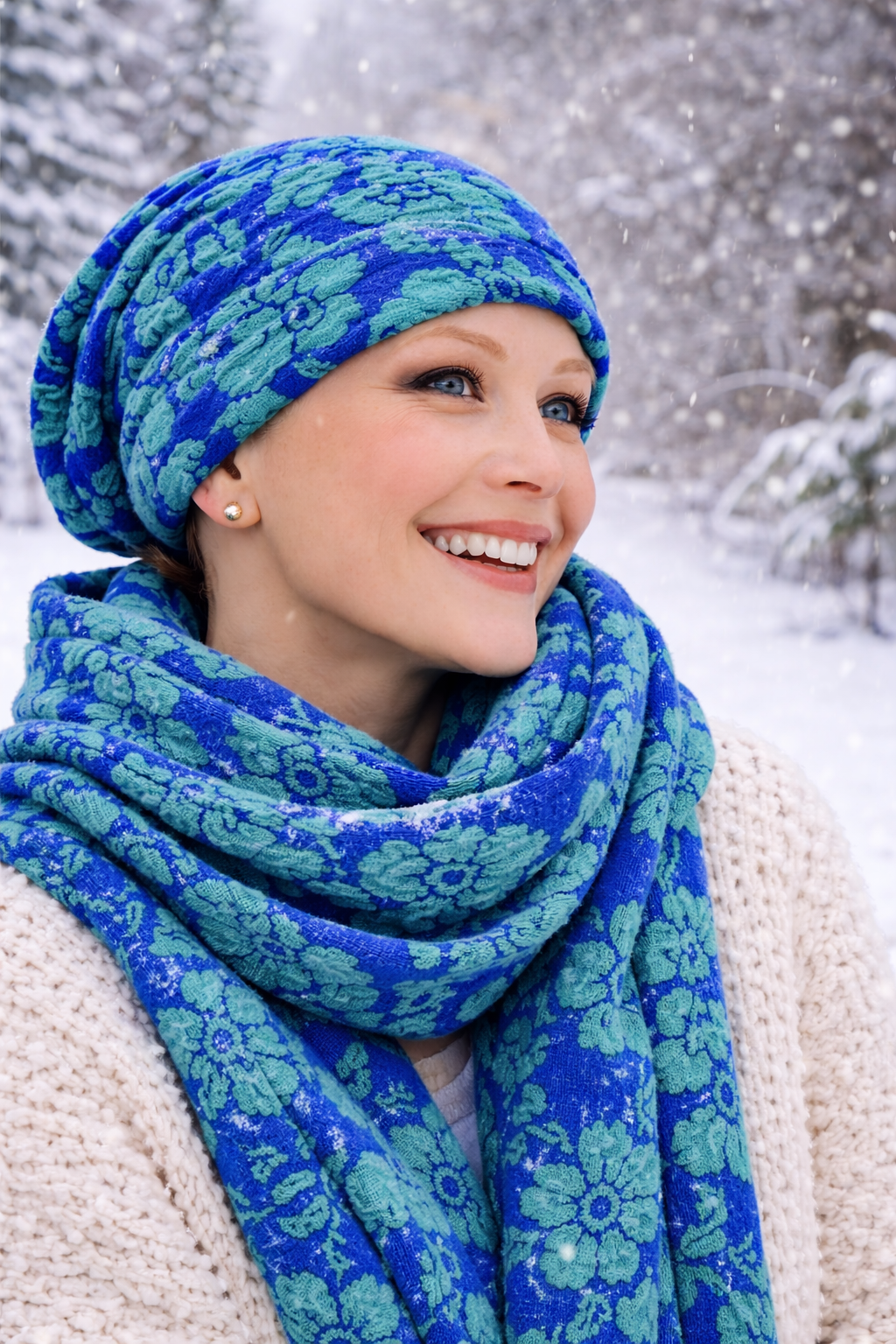 Damen Beanie Turbanmütze in Grün mit Blumenmuster, kombiniert mit Schal und dickem Pullover im winterlichen Wald
