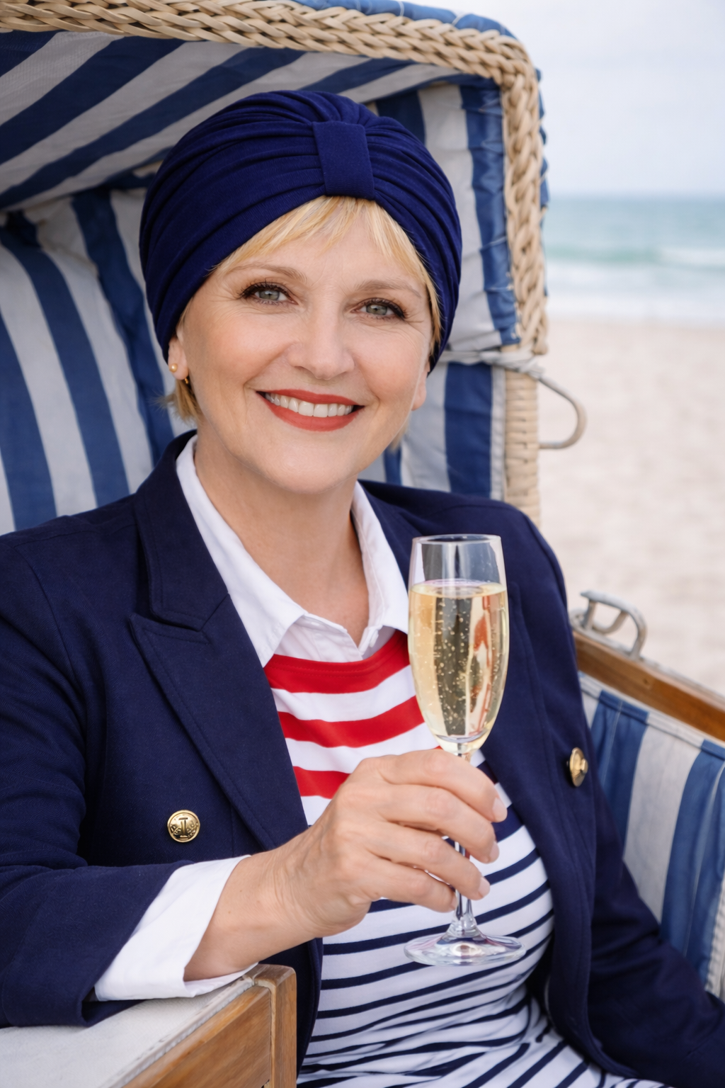 Frau trägt einen dunkelblauen Turban und sitzt in einem Strandkorb am Meer.