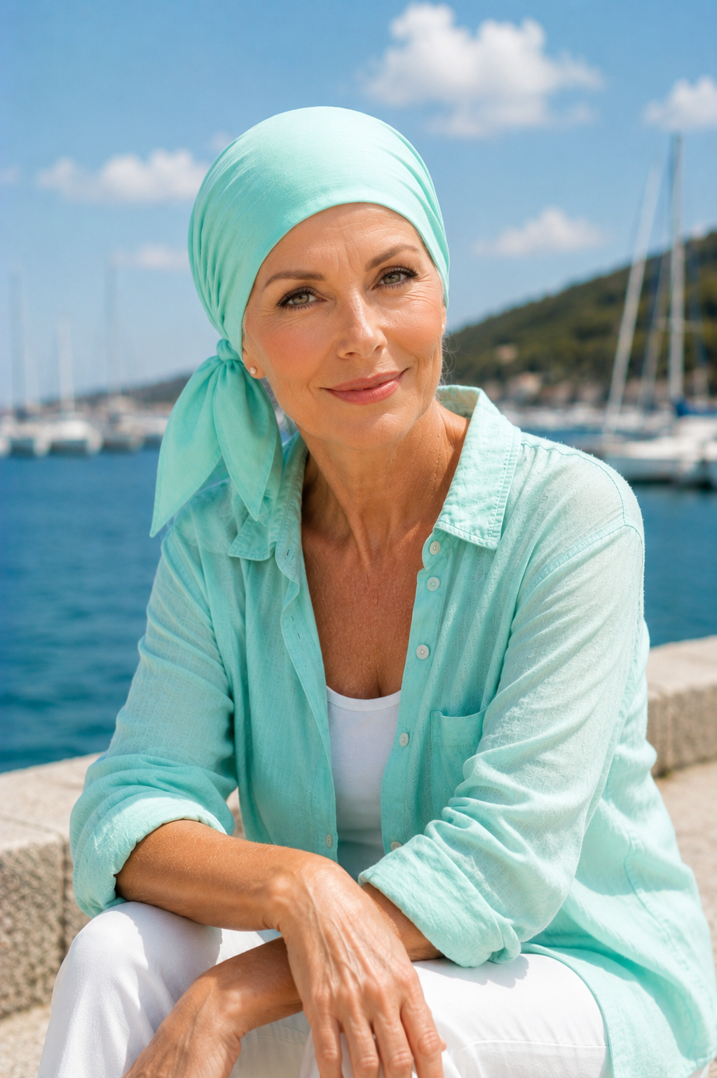 Frau mit mintgrünem gebundenem Chemotuch blickt direkt in die Kamera. Sommerliches Porträt am Wasser mit heller Bluse und maritimer Atmosphäre.