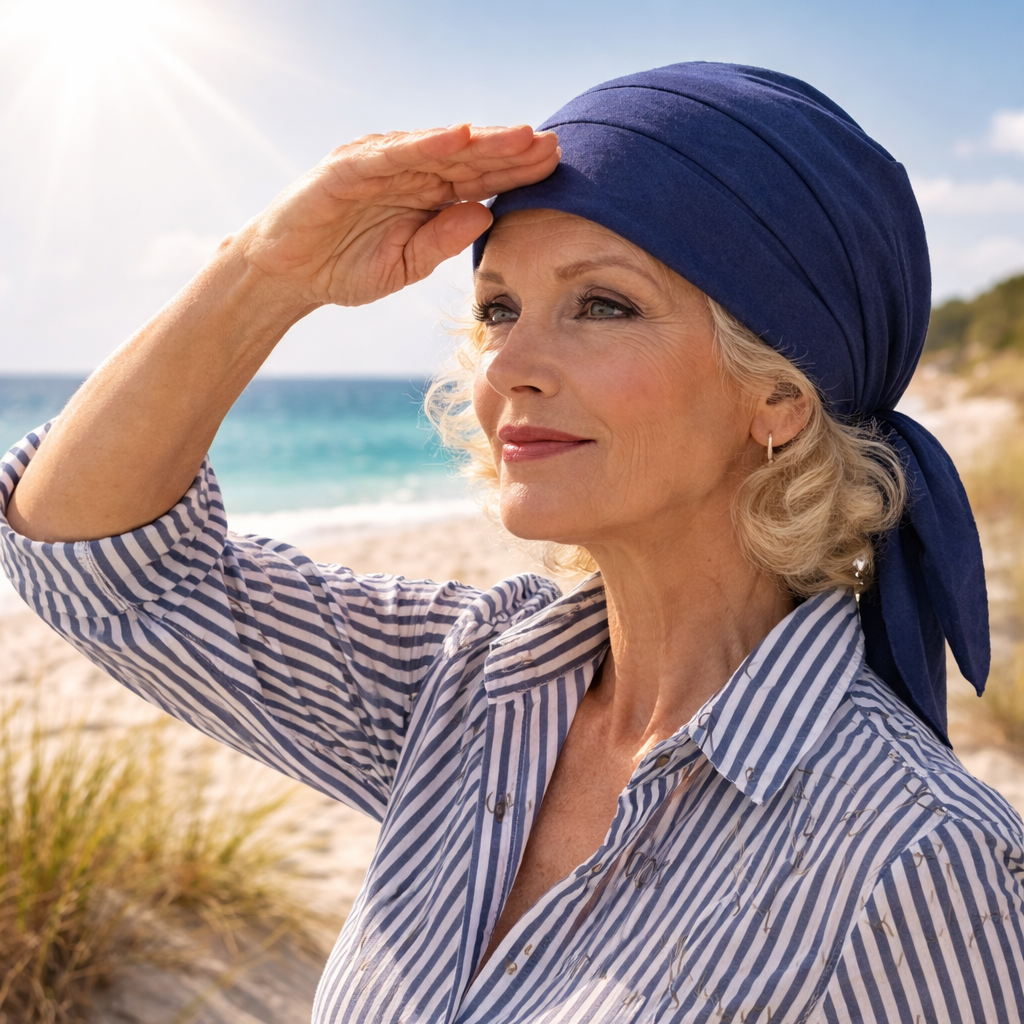 Damen Bandana aus Baumwolle mit Gummizug im Nacken, fertig gebunden, ohne Binden, doppellagig verarbeitet für guten Sitz und hohen Tragekomfort