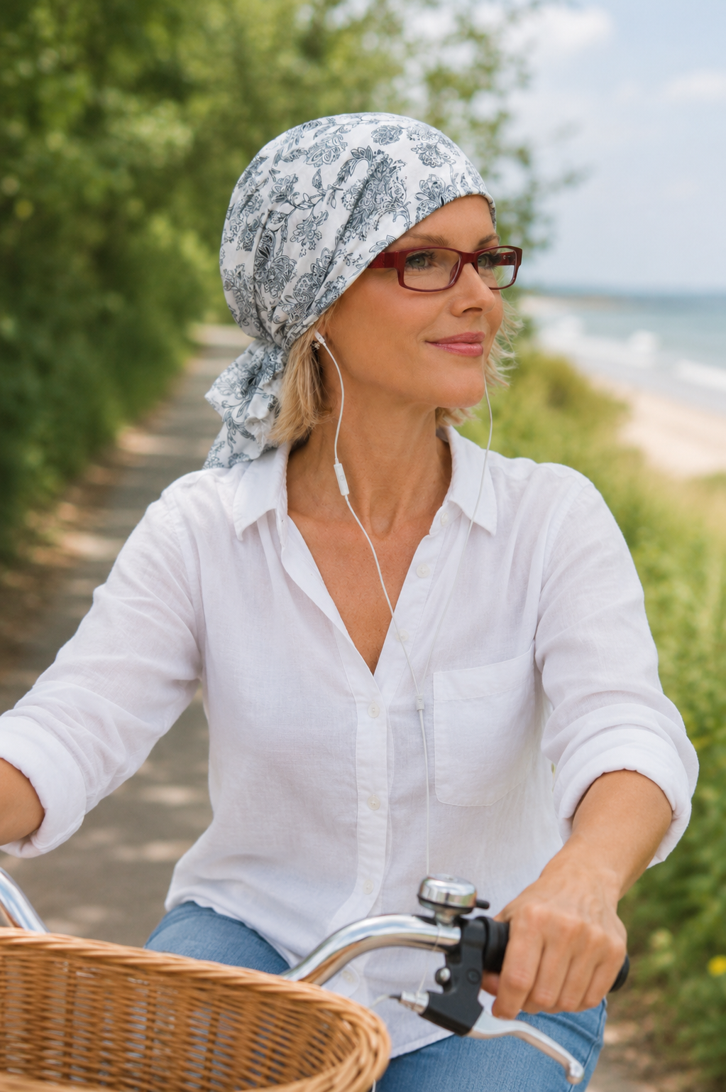 Frau auf dem Fahrrad mit bequemem Bandana-Kopftuch  – praktischer Begleiter für Bewegung, Freizeit und empfindliche Kopfhaut.