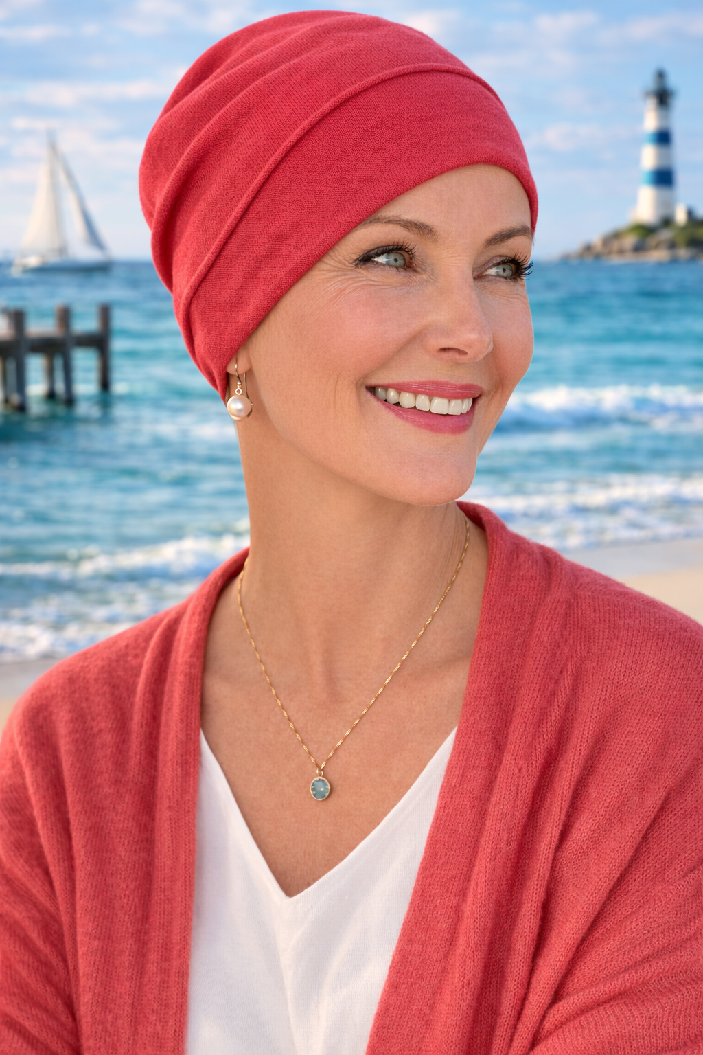 Frau trägt rote Chemomütze Turbanmütze am Strand – weiche Kopfbedeckung  für Chemo oder Haarausfall