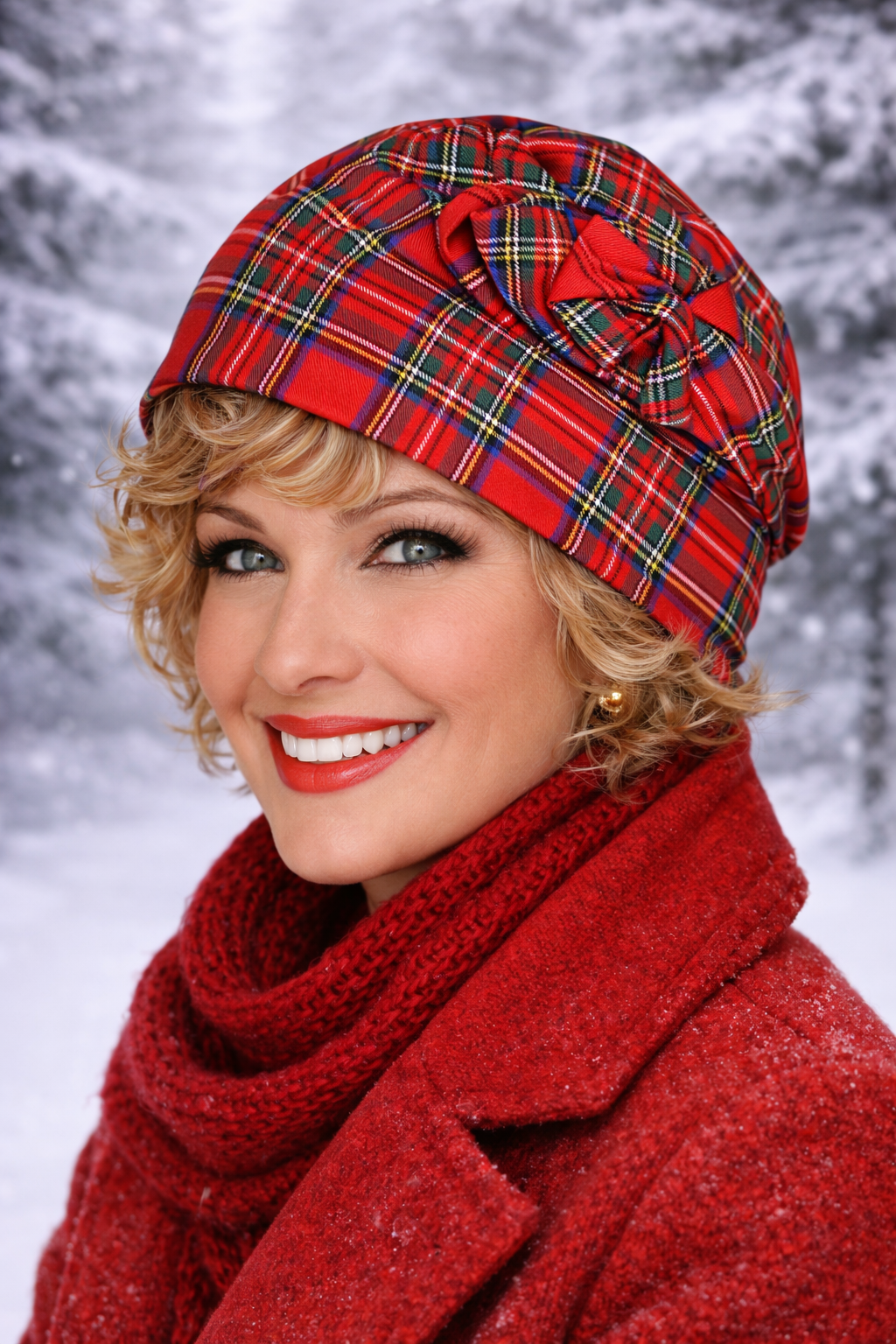 Elegante blonde Frau mit lockigen Haaren trägt rote karierte Turbanmütze zu passender Winterkleidung