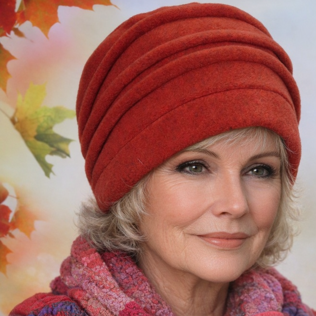 Ältere Frau mit kurzen graublonden Haaren trägt eine rote Damen Wintermütze und einen warmen Schal im herbstlichen Look
