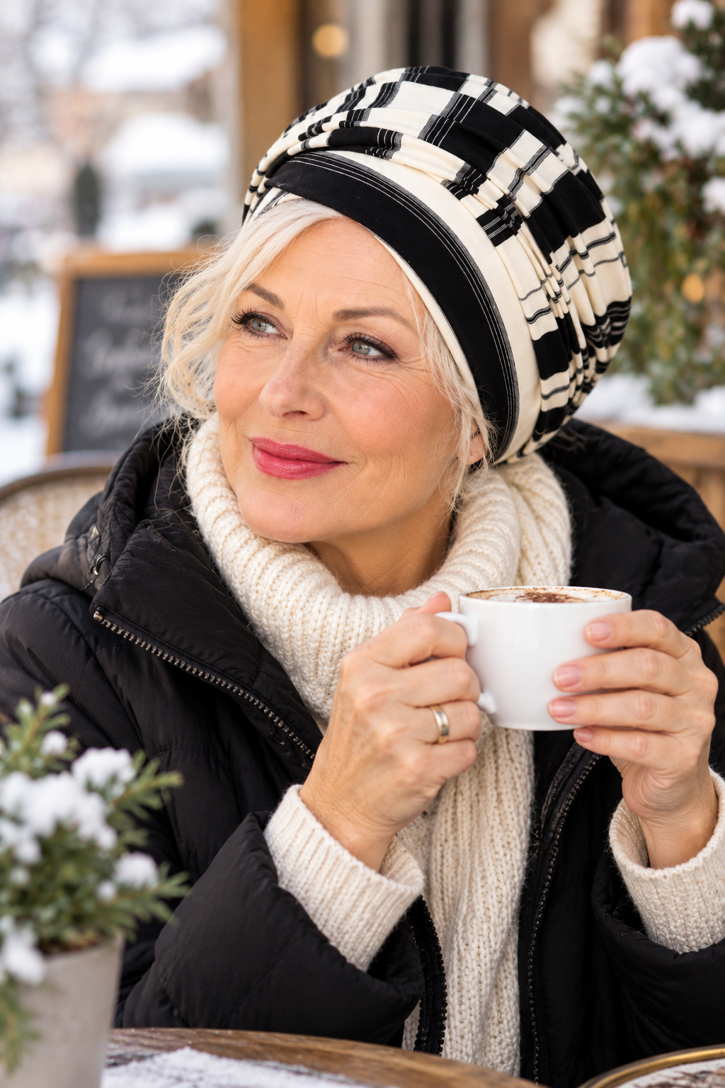 Dame mit warmer schwarz-weißer Wintermütze im Turban-Stil sitzt im verschneiten Café und genießt einen Kaffee. Modischer Winterturban für Damen.