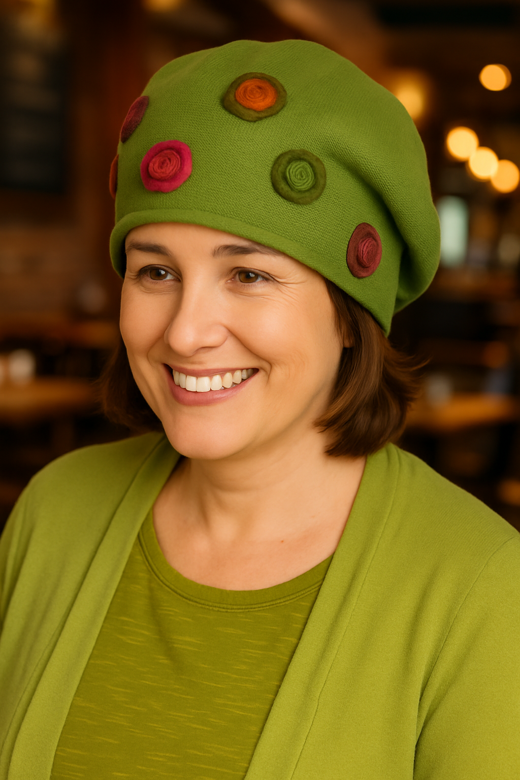 Lächelnde Frau in einem warmen Café, trägt grüne Damenmütze mit bunten Filzrosetten und passender grüner Kleidung
