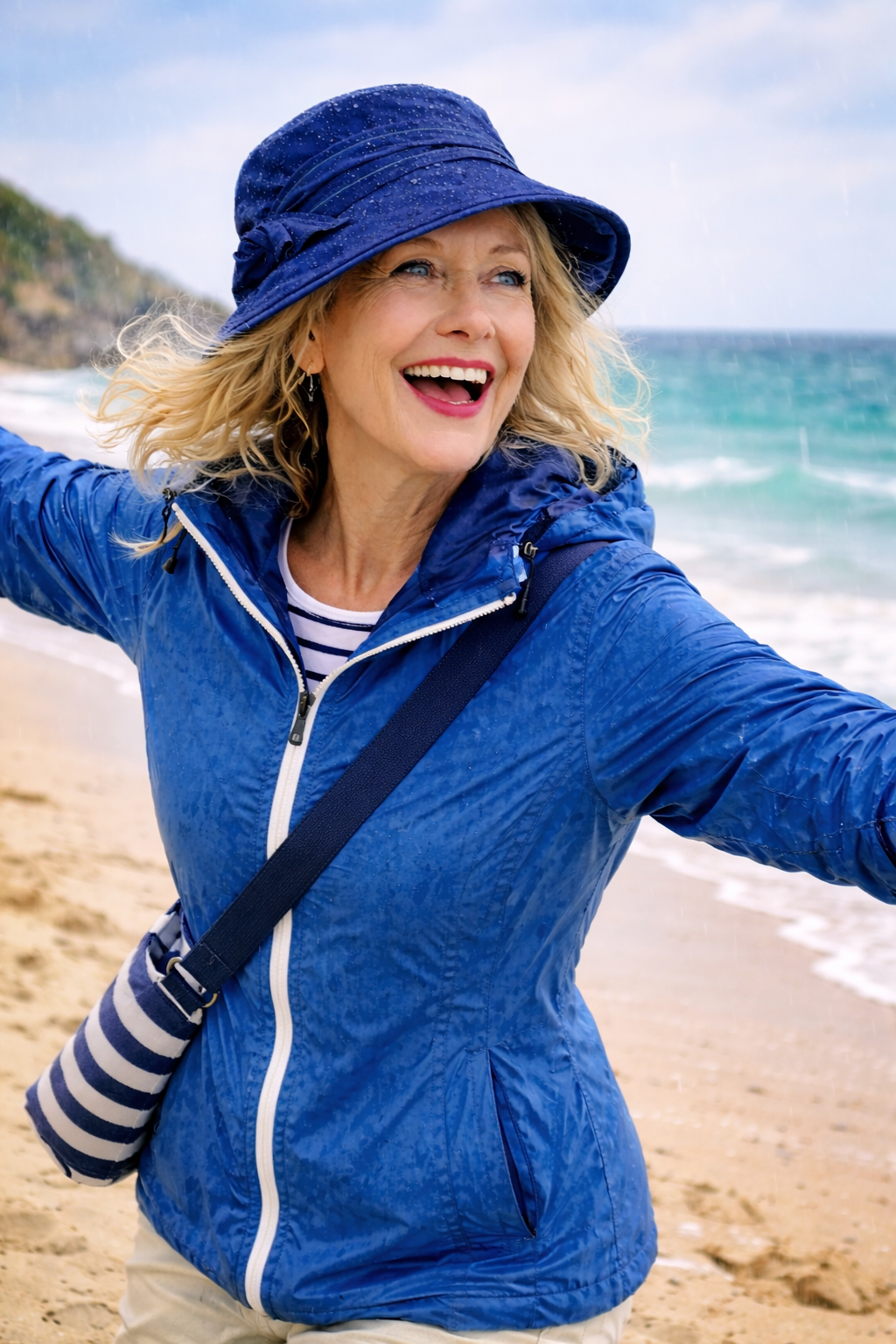 Frau in marineblauer Regenjacke und Regenhut läuft am Strand entlang, das Meer im Hintergrund.