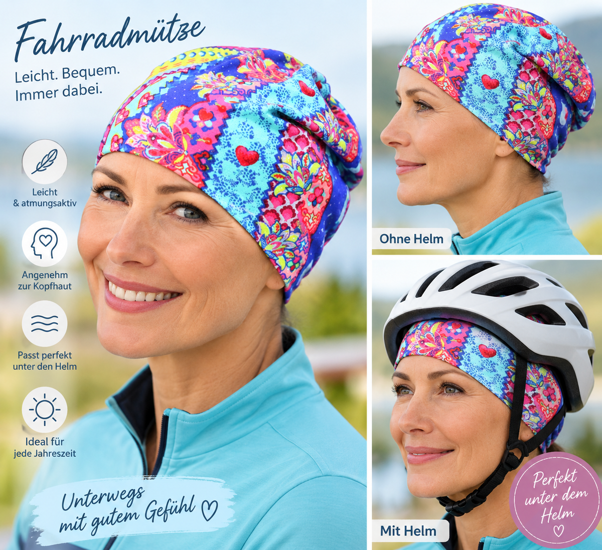 Lina Maris Fahrradmütze Damen Summer Splash aus Baumwolle – buntes Blumenmuster, mit und ohne Fahrradhelm getragen