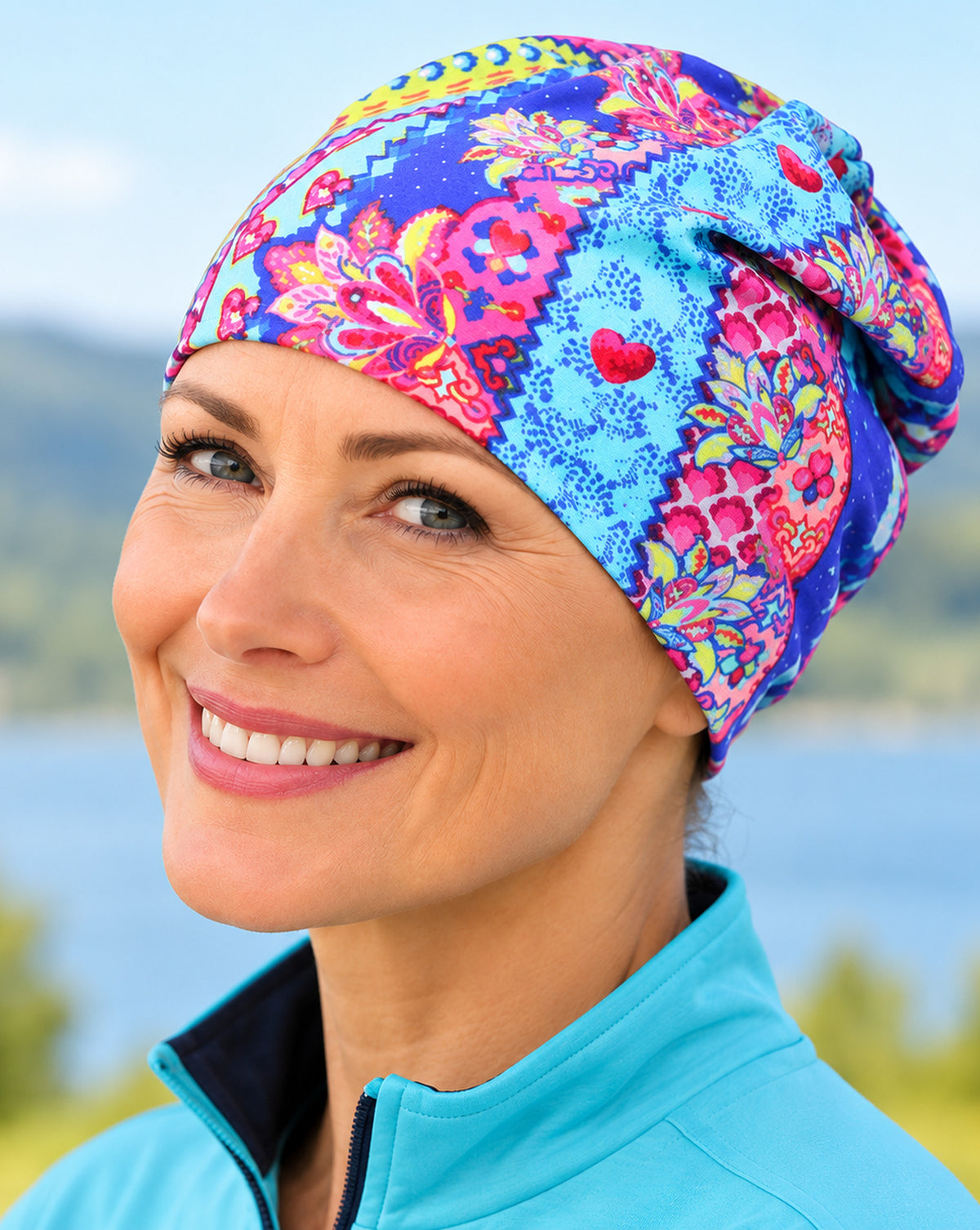 Lina Maris Fahrradmütze für Damen aus Baumwolle in Blau und Türkis mit buntem Blumenmuster