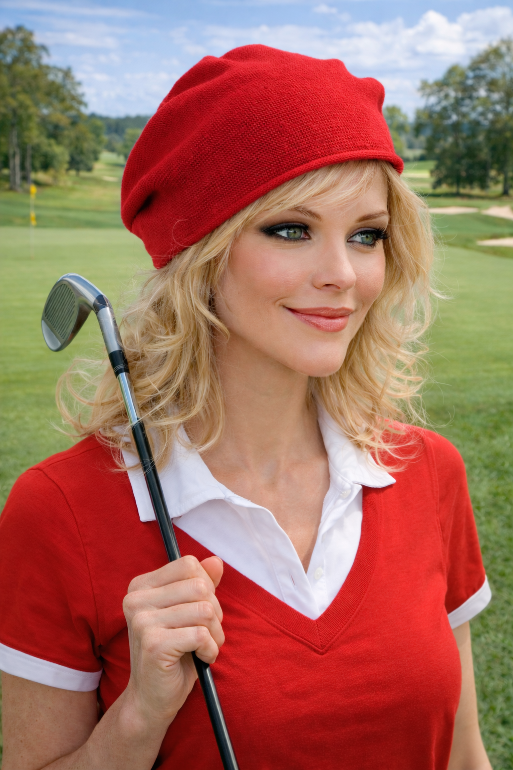 Frau trägt eine Sommermütze beim Golfspielen im Freien