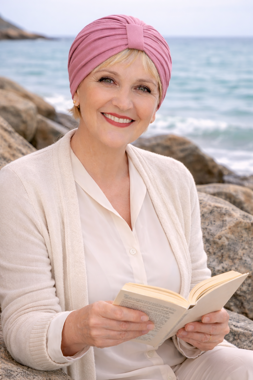 Frau mit  Turban sitzt an der Küste in maritimer Umgebung.