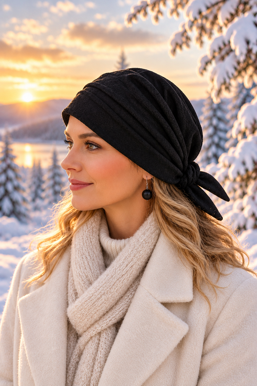 Schwarzes, gefüttertes Winterkopftuch aus Baumwolle für Damen – elegante Kopfbedeckung ohne Binden