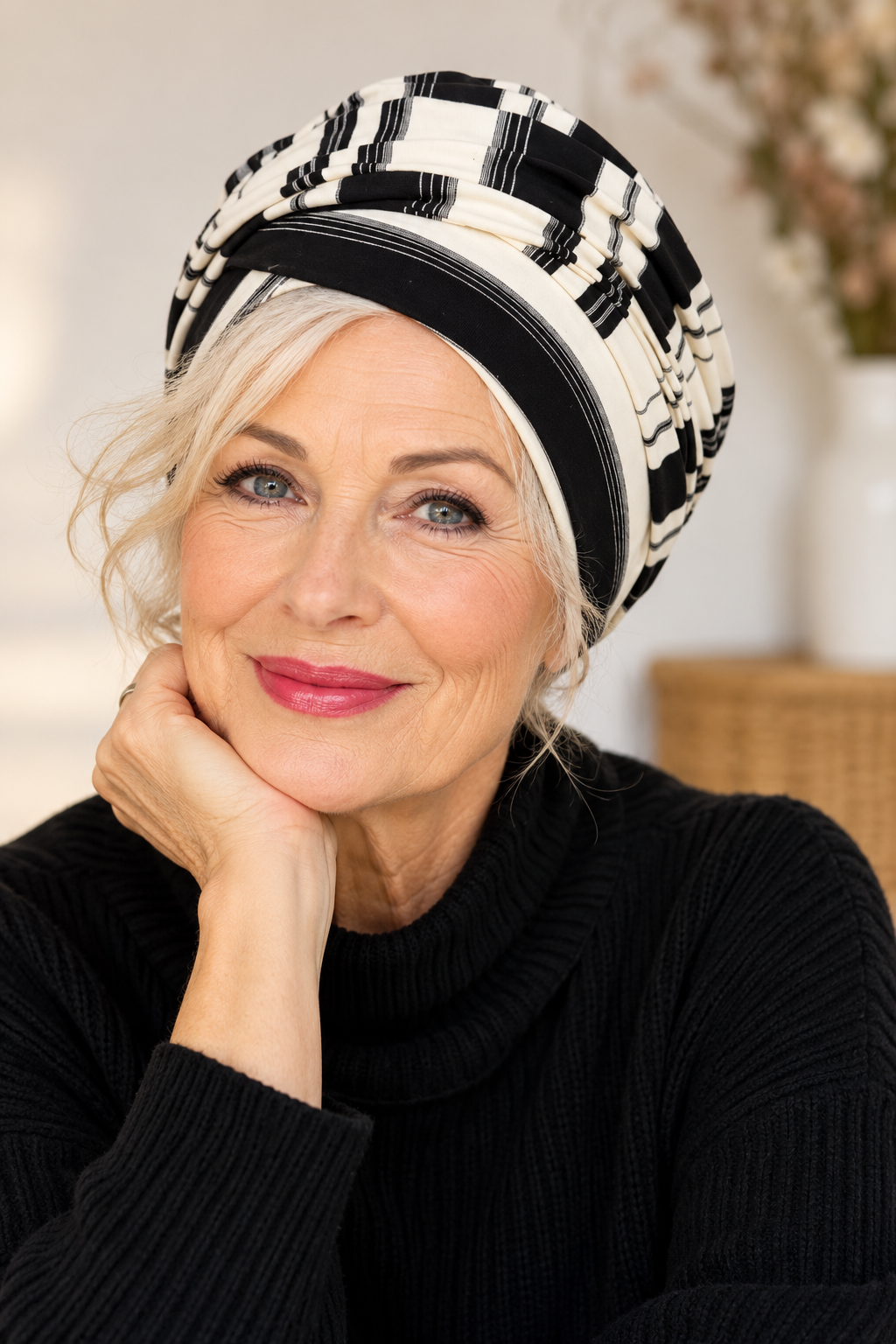 Warme Wintermütze Turban für Damen in Schwarz-Weiß – modischer Winterturban mit gerafftem Stoff